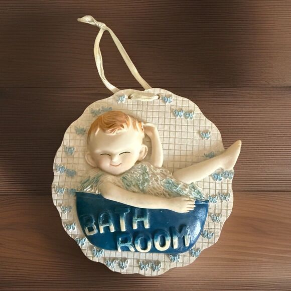 Ceramic Daniel Brand Set Of Two 4’ Sign Vintage Boy/Girl in Bubble Bath - Picture 3 of 8
